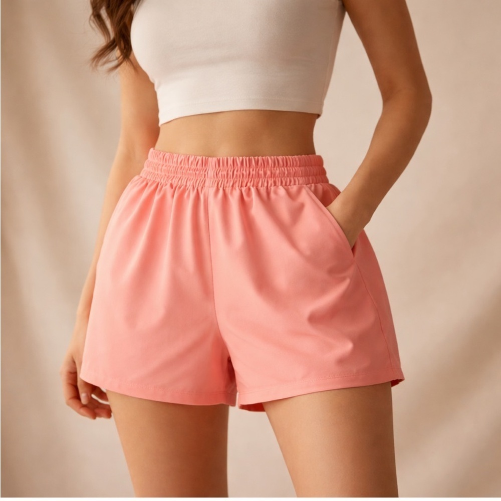 Coral Pink Athletic Shorts | Elastic Waist Active Lounge Gym Running | Size M